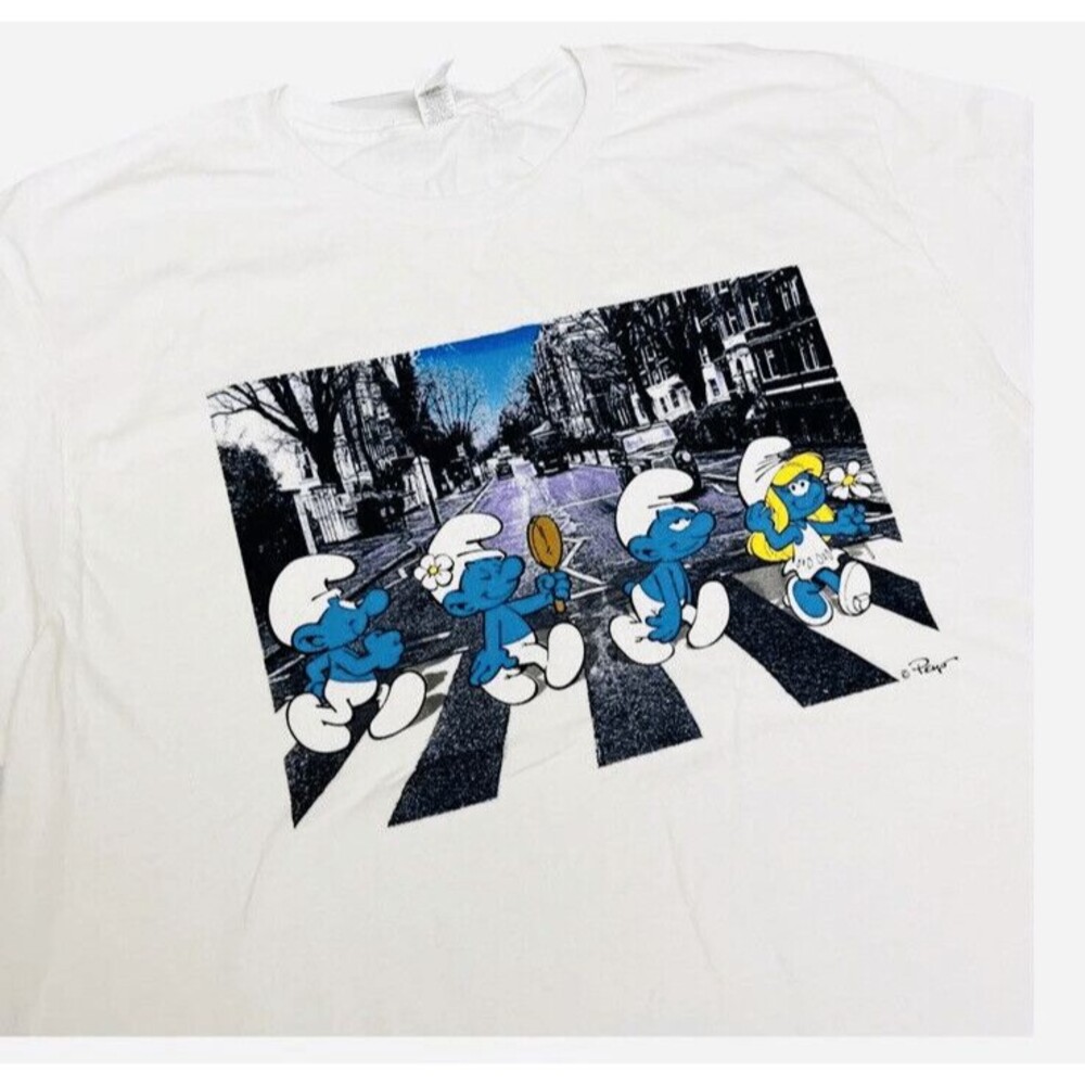 Smurfs Mens L Abbey Road T-Shirt‎ Beetles Novelty Papa Smurfette Music Cartoon